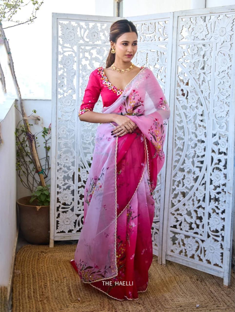 Blush Pink Ombre Organza Saree with Floral Embroidery | Premium Designer Party & Wedding Wear