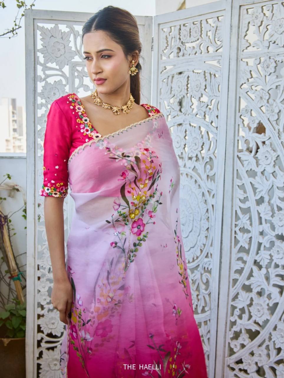 Blush Pink Ombre Organza Saree with Floral Embroidery | Premium Designer Party & Wedding Wear