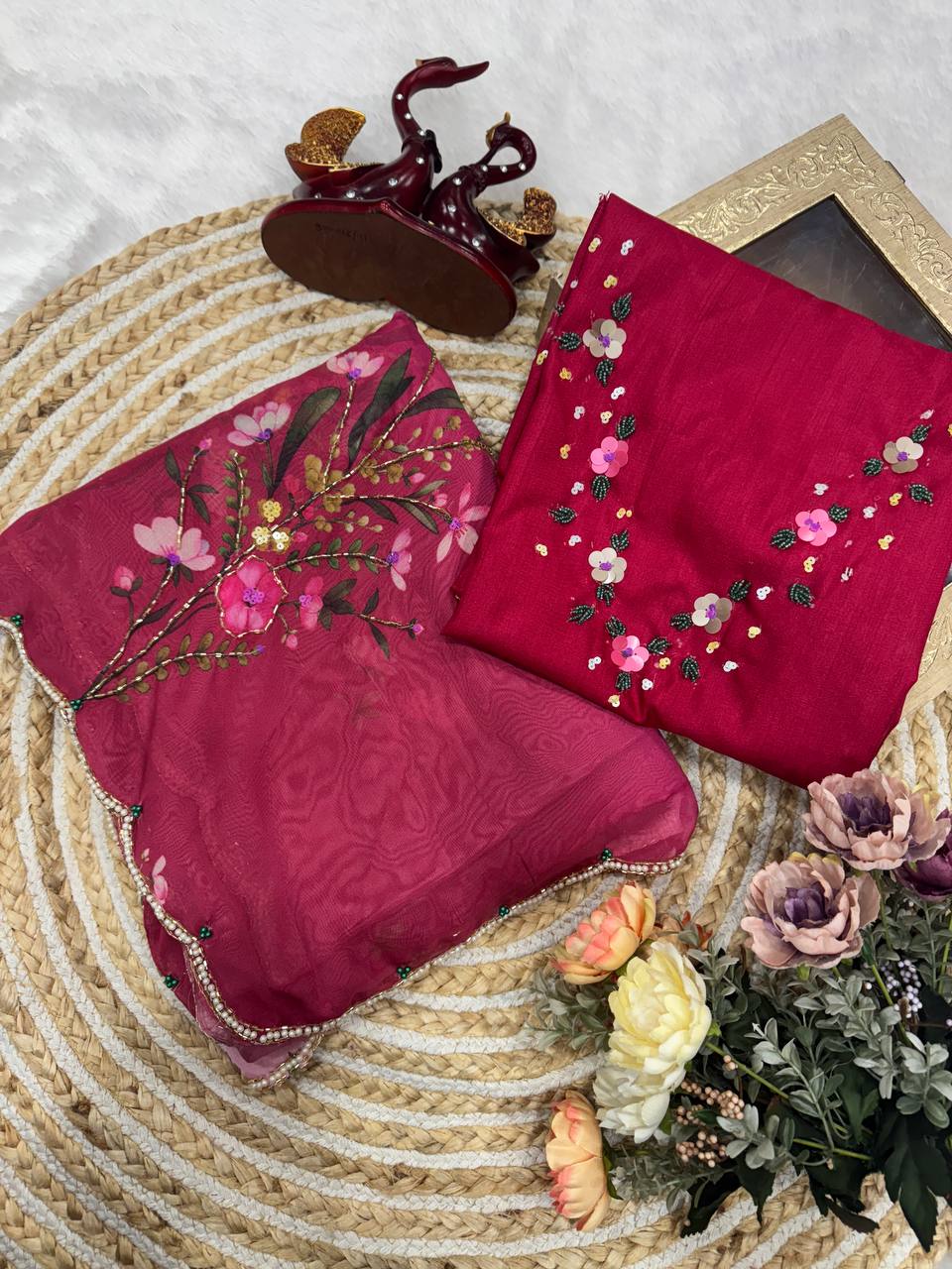 Blush Pink Ombre Organza Saree with Floral Embroidery | Premium Designer Party & Wedding Wear