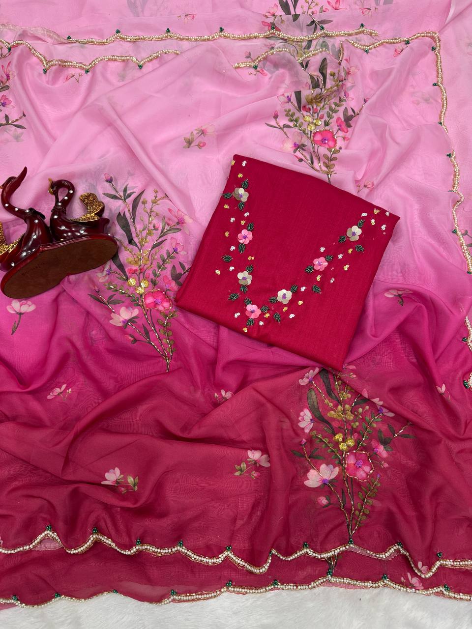 Blush Pink Ombre Organza Saree with Floral Embroidery | Premium Designer Party & Wedding Wear