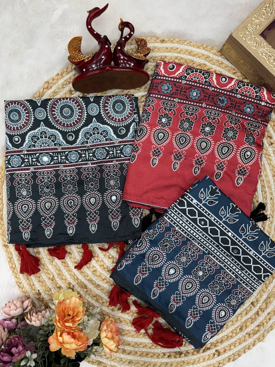 Elegant Ajrakh Print Soft Cotton Saree With Contrast Tassel Pallu Traditional Ethnic Saree