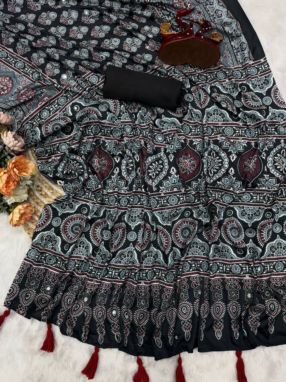 Elegant Ajrakh Print Soft Cotton Saree With Contrast Tassel Pallu Traditional Ethnic Saree
