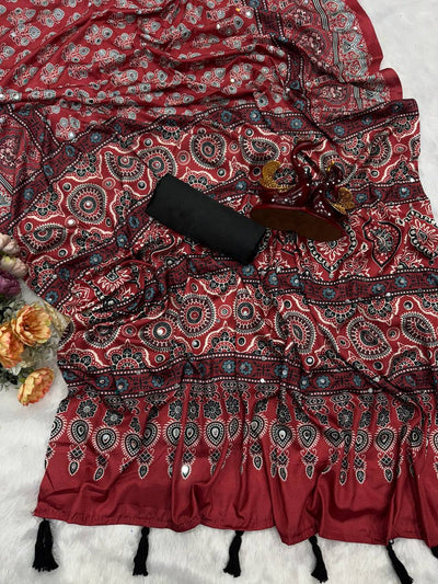 Elegant Ajrakh Print Soft Cotton Saree With Contrast Tassel Pallu Traditional Ethnic Saree