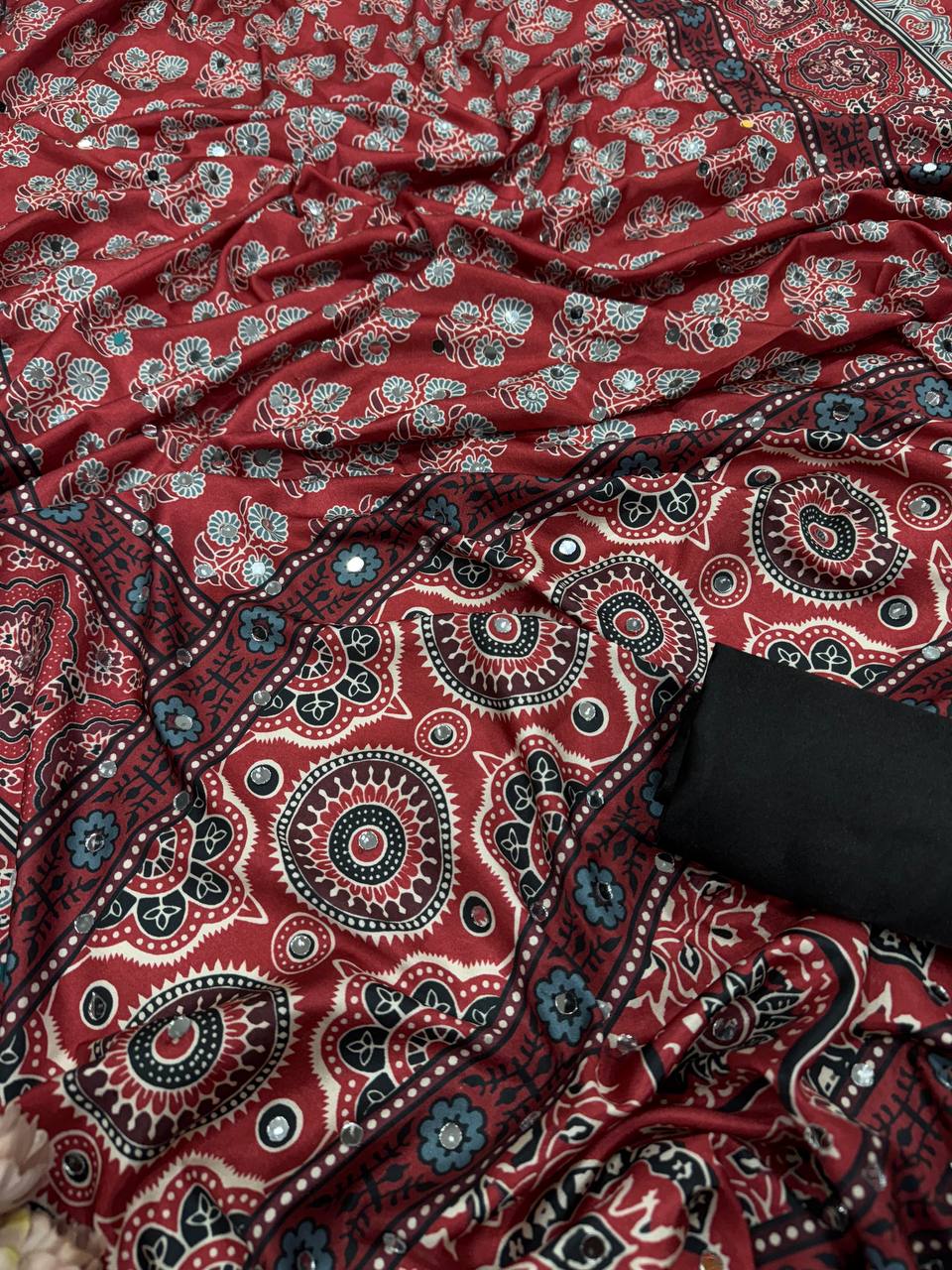 Elegant Ajrakh Print Soft Cotton Saree With Contrast Tassel Pallu Traditional Ethnic Saree