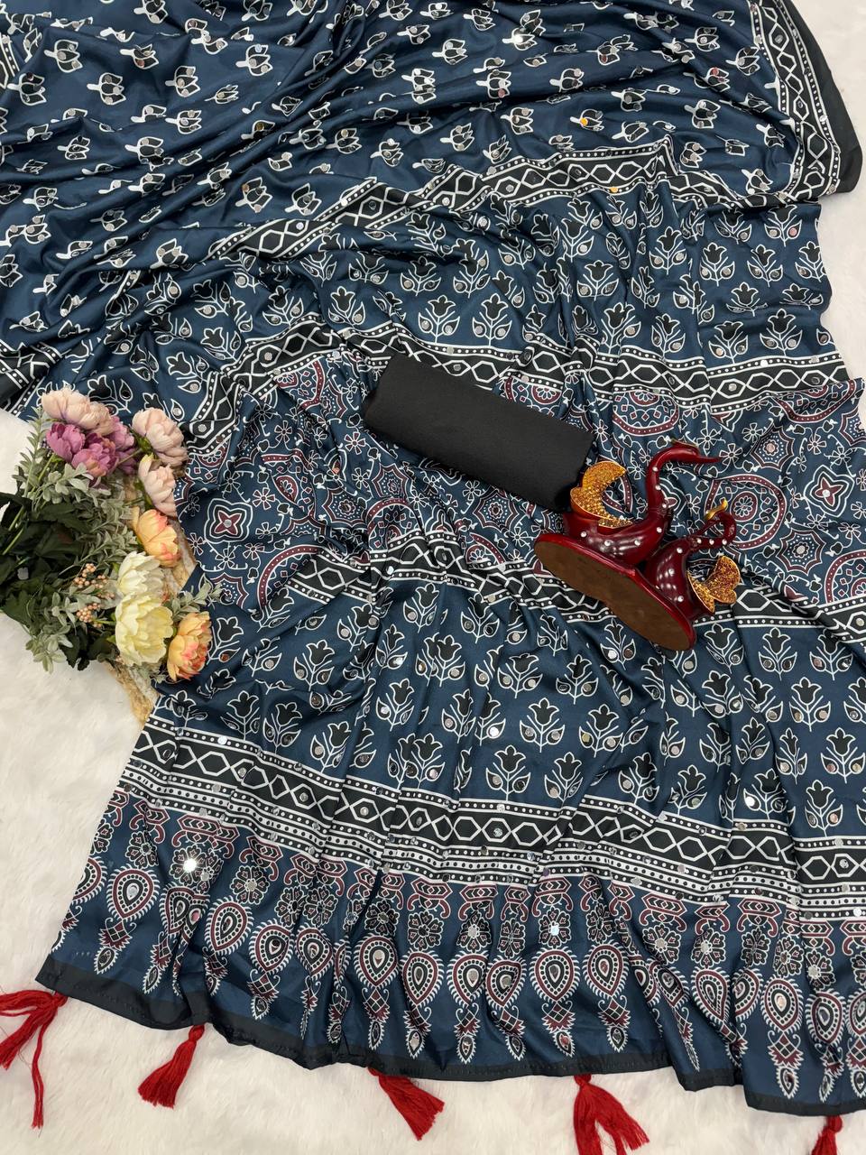 Elegant Ajrakh Print Soft Cotton Saree With Contrast Tassel Pallu Traditional Ethnic Saree