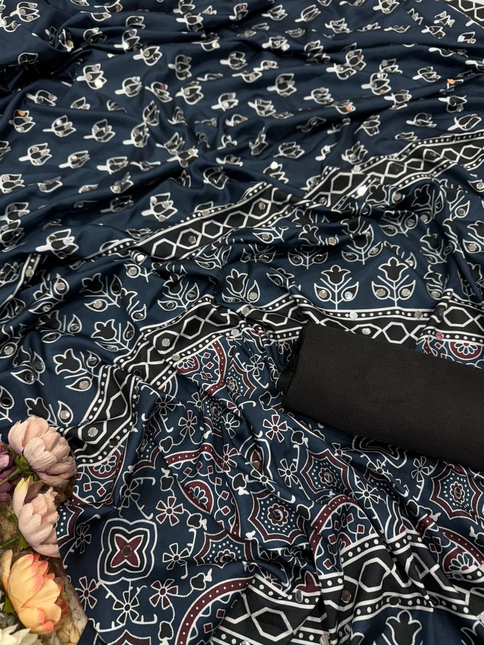 Elegant Ajrakh Print Soft Cotton Saree With Contrast Tassel Pallu Traditional Ethnic Saree