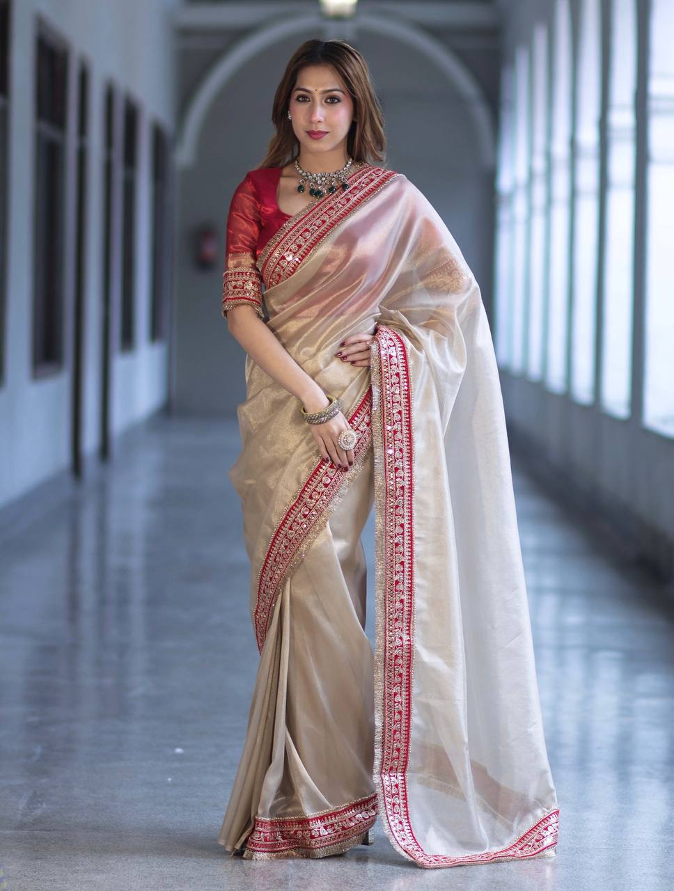 Luxury Champagne Gold Organza Silk Saree With Red Embroidered Border Designer Festive Saree