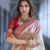 Luxury Champagne Gold Organza Silk Saree With Red Embroidered Border Designer Festive Saree