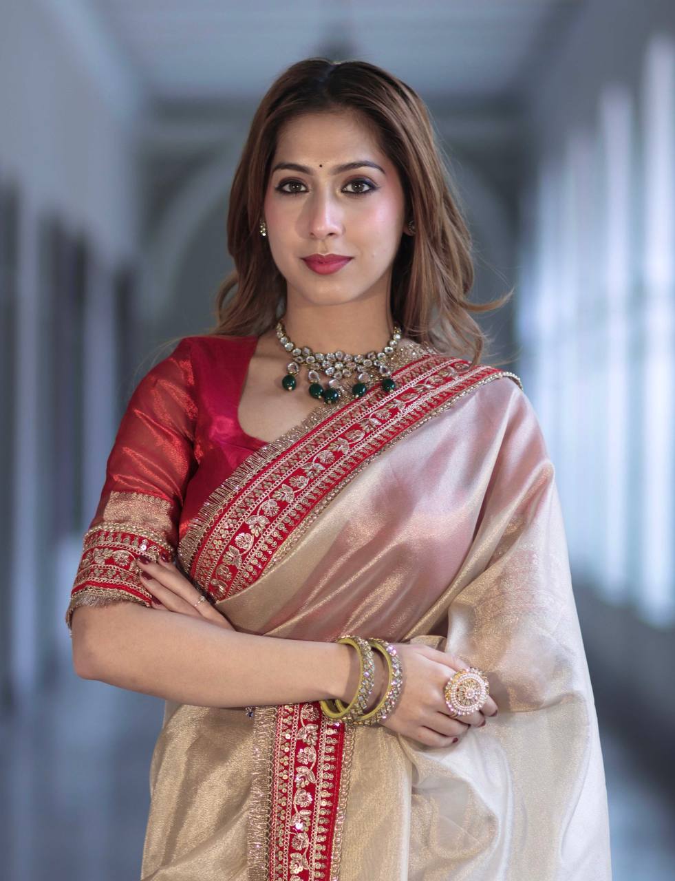 Luxury Champagne Gold Organza Silk Saree With Red Embroidered Border Designer Festive Saree