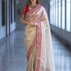 Luxury Champagne Gold Organza Silk Saree With Red Embroidered Border Designer Festive Saree