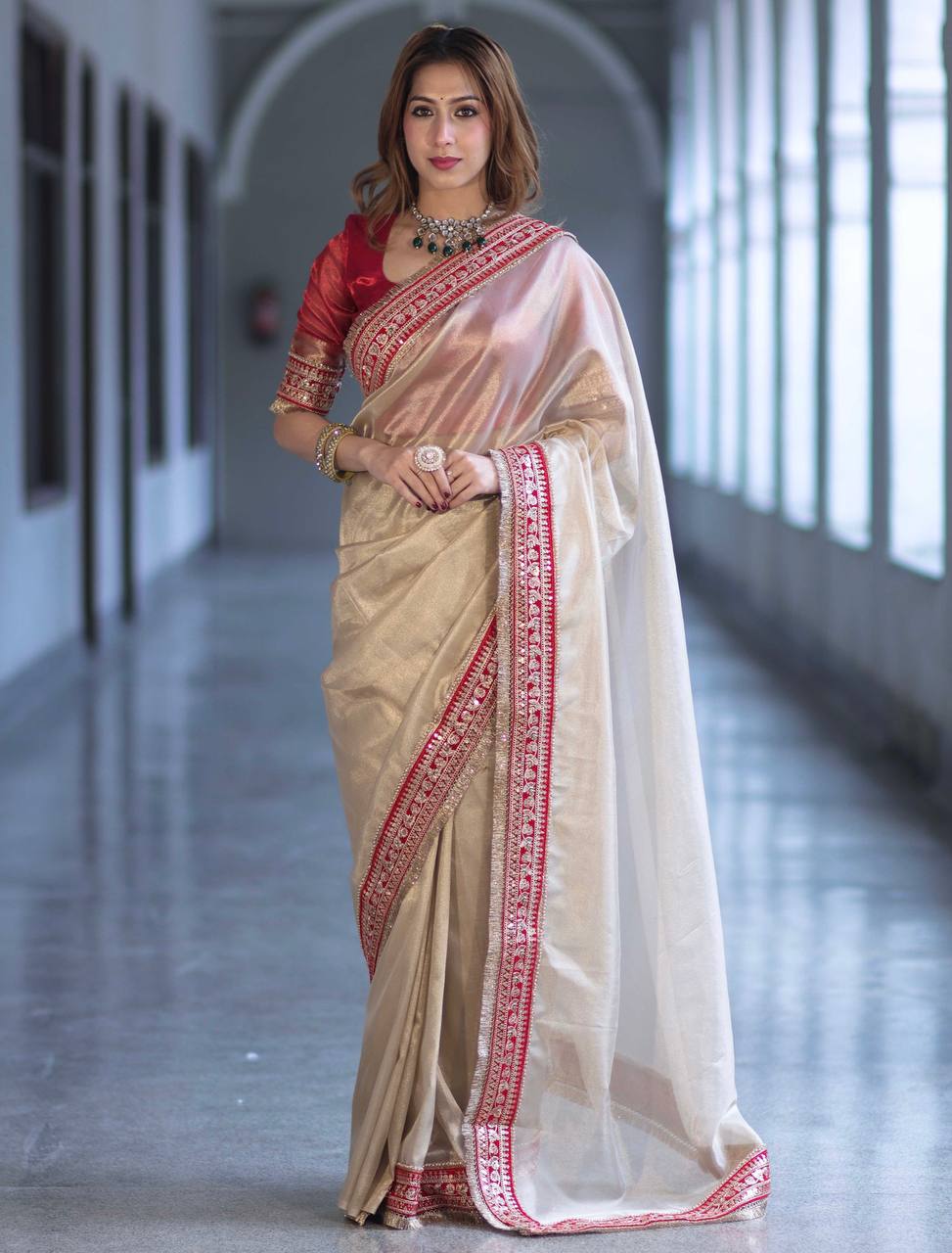 Luxury Champagne Gold Organza Silk Saree With Red Embroidered Border Designer Festive Saree