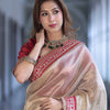 Luxury Champagne Gold Organza Silk Saree With Red Embroidered Border Designer Festive Saree