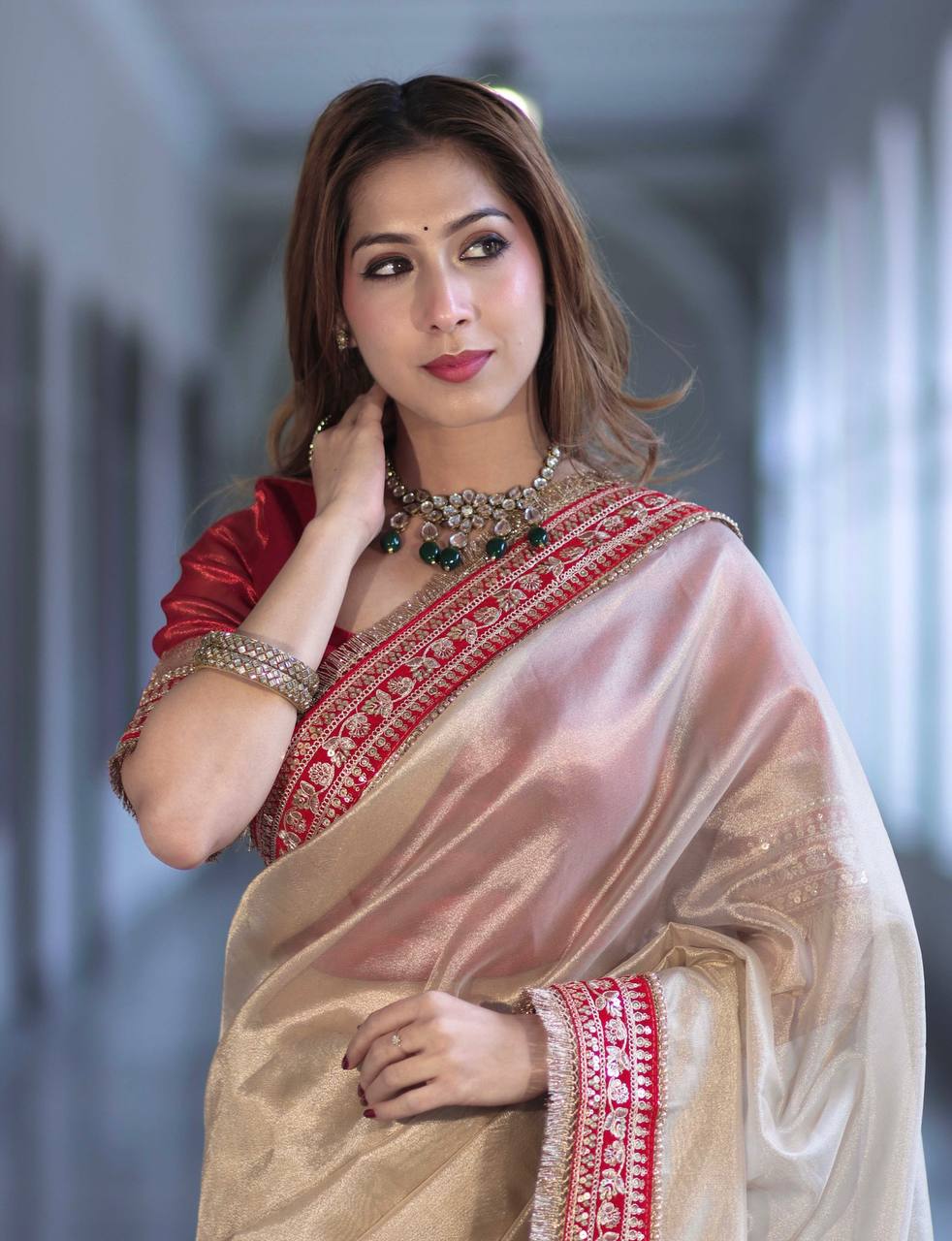 Luxury Champagne Gold Organza Silk Saree With Red Embroidered Border Designer Festive Saree