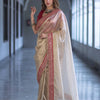 Luxury Champagne Gold Organza Silk Saree With Red Embroidered Border Designer Festive Saree