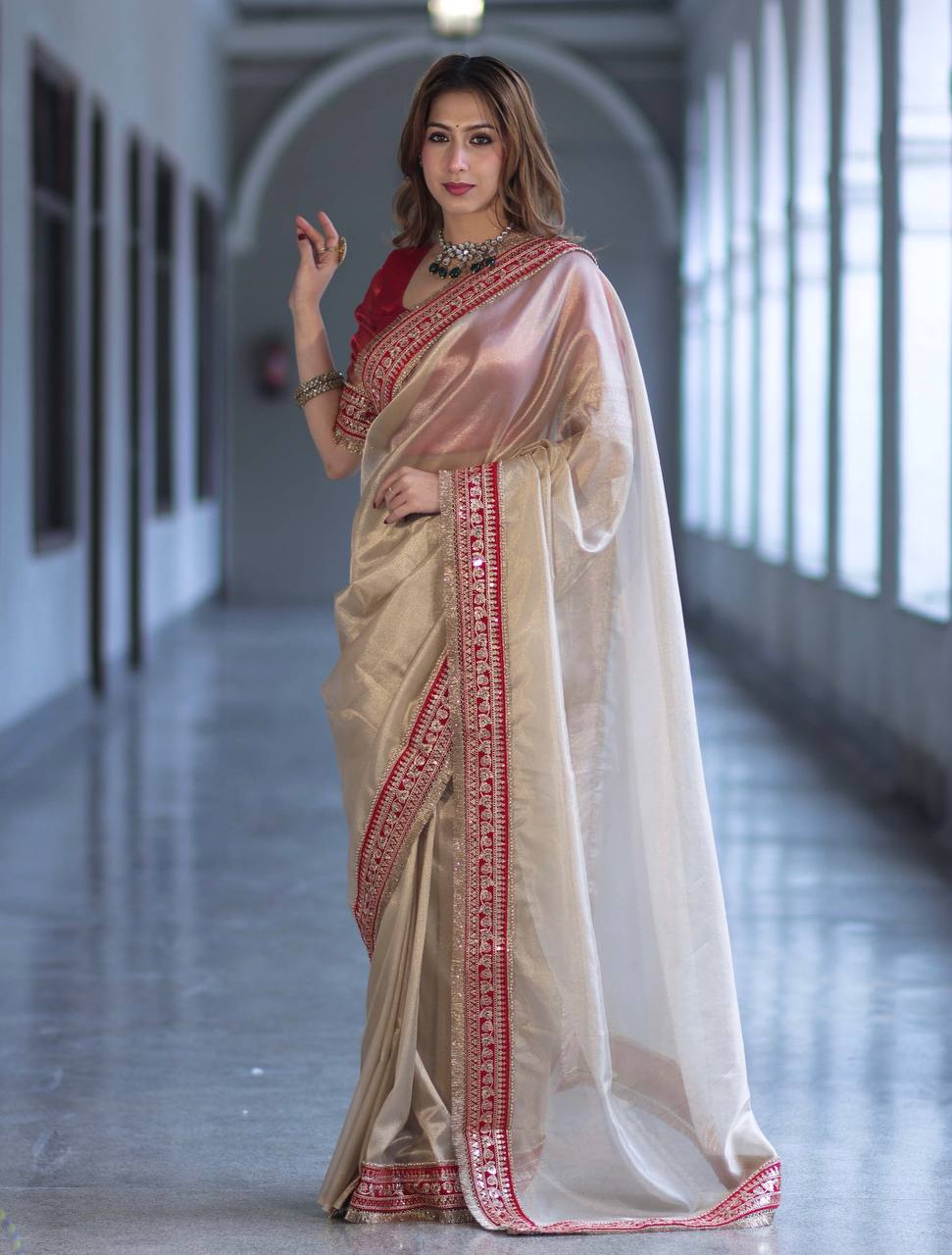 Luxury Champagne Gold Organza Silk Saree With Red Embroidered Border Designer Festive Saree