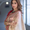 Luxury Champagne Gold Organza Silk Saree With Red Embroidered Border Designer Festive Saree