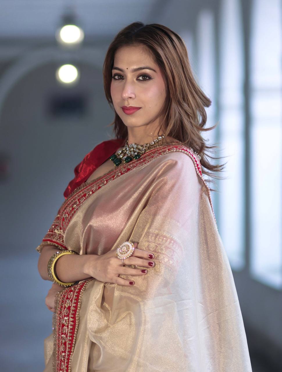 Luxury Champagne Gold Organza Silk Saree With Red Embroidered Border Designer Festive Saree