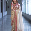 Luxury Champagne Gold Organza Silk Saree With Red Embroidered Border Designer Festive Saree