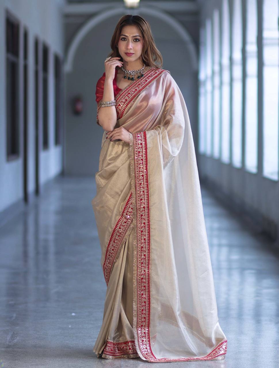 Luxury Champagne Gold Organza Silk Saree With Red Embroidered Border Designer Festive Saree