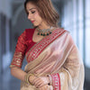 Luxury Champagne Gold Organza Silk Saree With Red Embroidered Border Designer Festive Saree