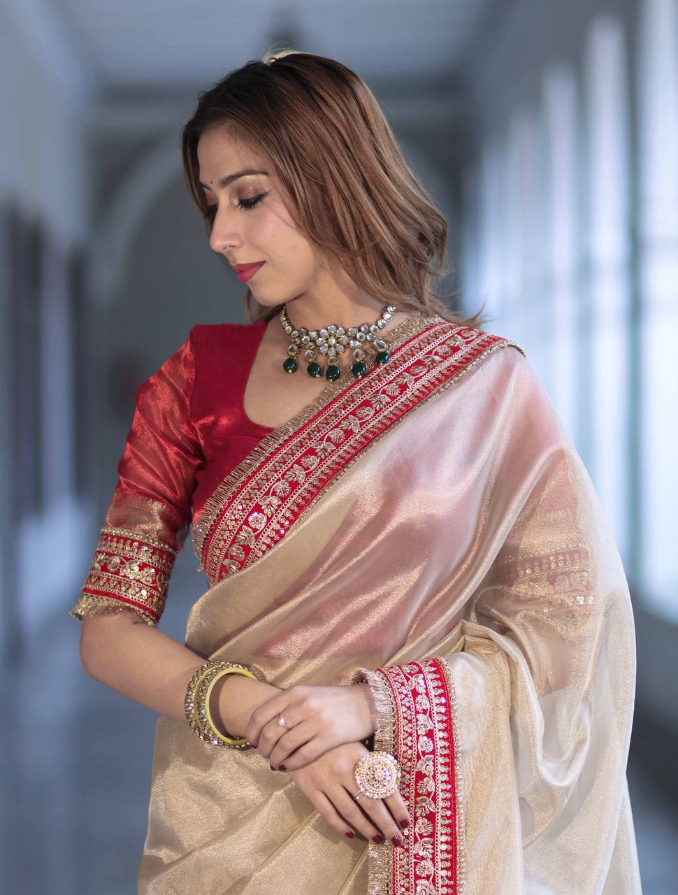 Luxury Champagne Gold Organza Silk Saree With Red Embroidered Border Designer Festive Saree
