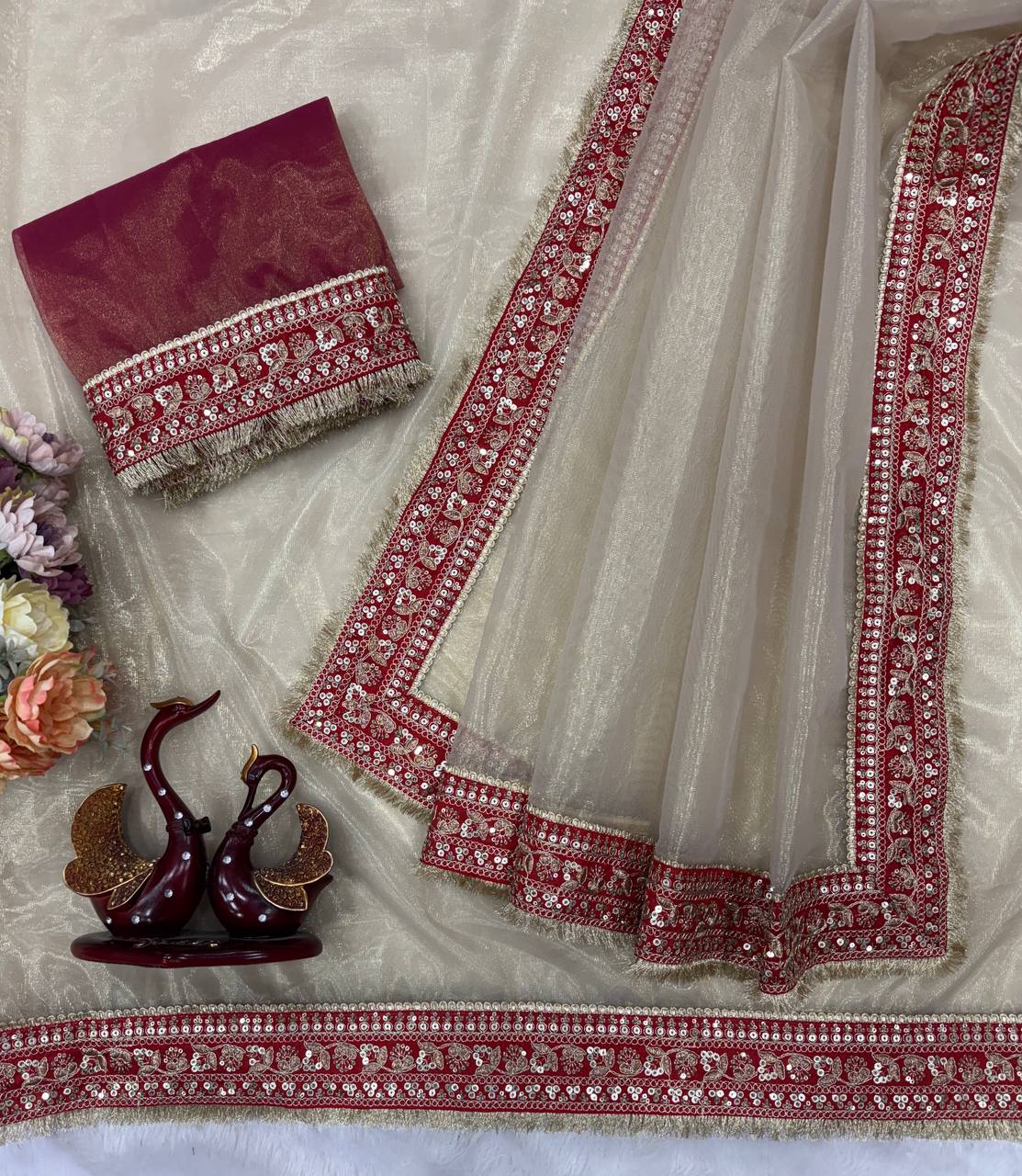 Luxury Champagne Gold Organza Silk Saree With Red Embroidered Border Designer Festive Saree