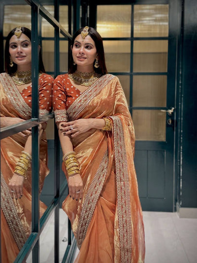 Luxury Copper Brown Organza Saree With Heavy Sequins Embroidered Border Designer Festive Saree