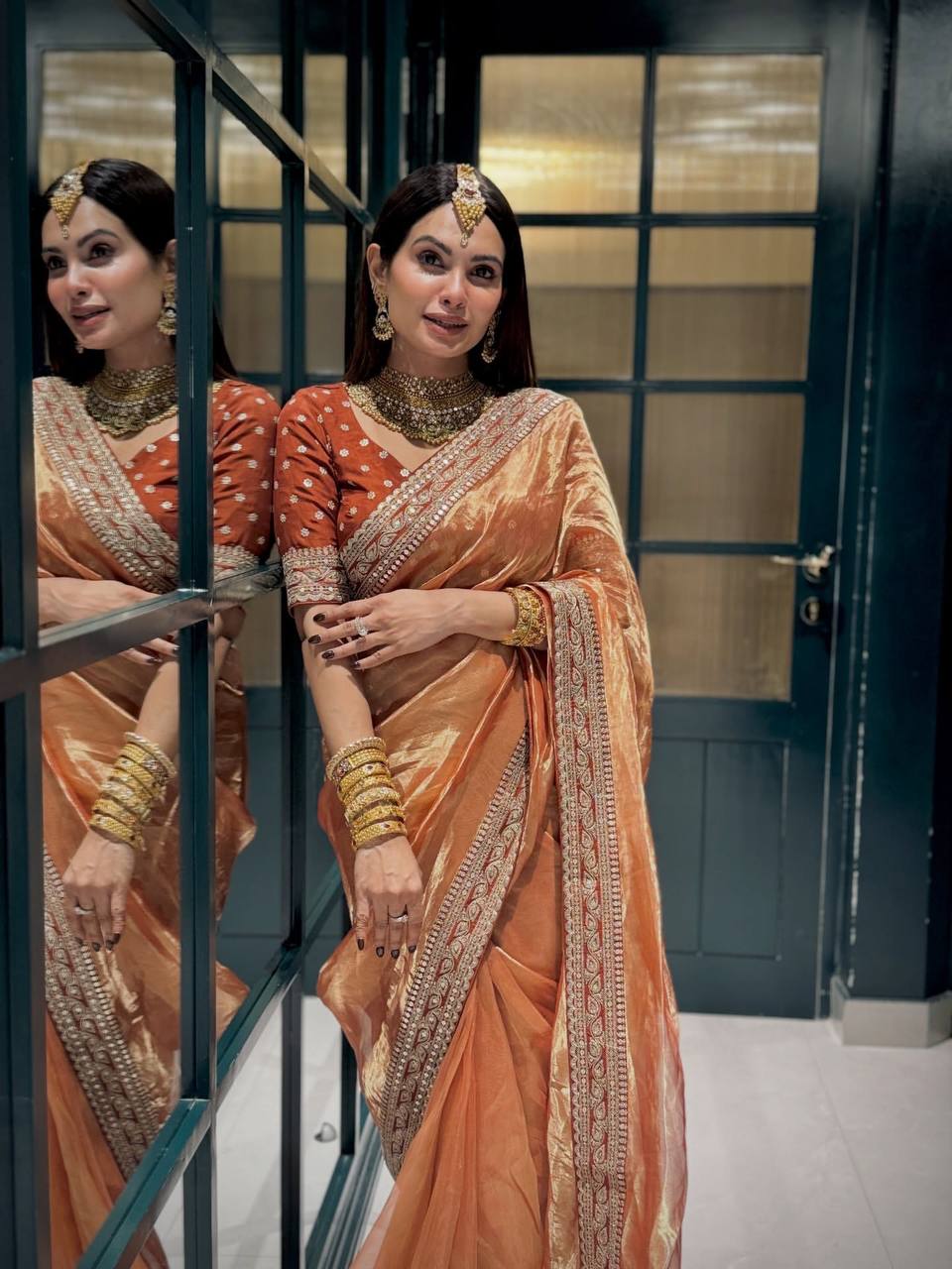 Luxury Copper Brown Organza Saree With Heavy Sequins Embroidered Border Designer Festive Saree