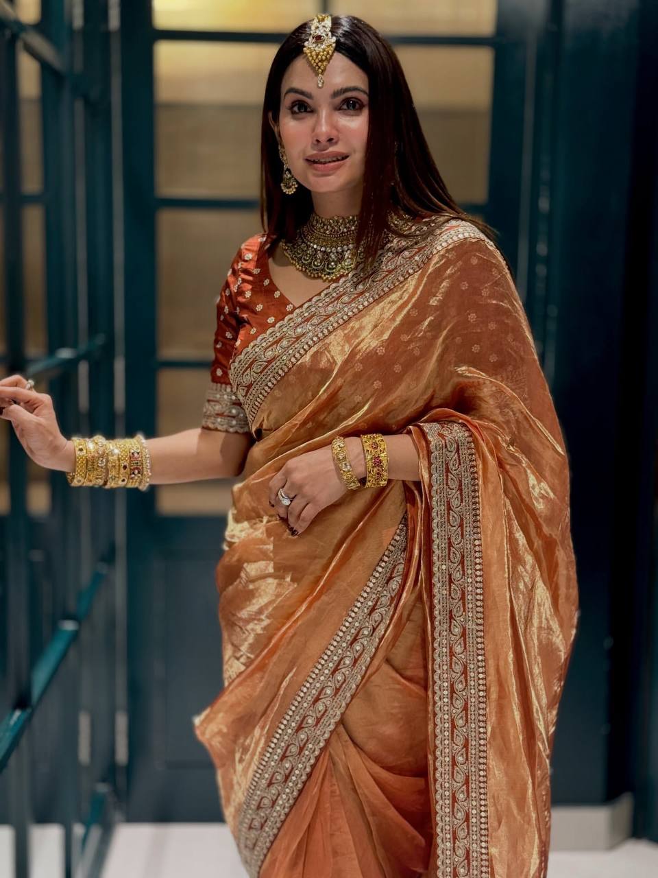 Luxury Copper Brown Organza Saree With Heavy Sequins Embroidered Border Designer Festive Saree