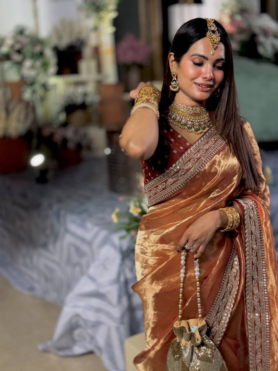 Luxury Copper Brown Organza Saree With Heavy Sequins Embroidered Border Designer Festive Saree