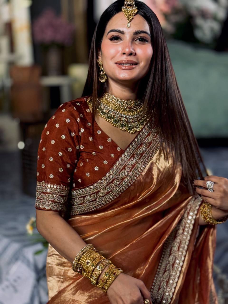 Luxury Copper Brown Organza Saree With Heavy Sequins Embroidered Border Designer Festive Saree