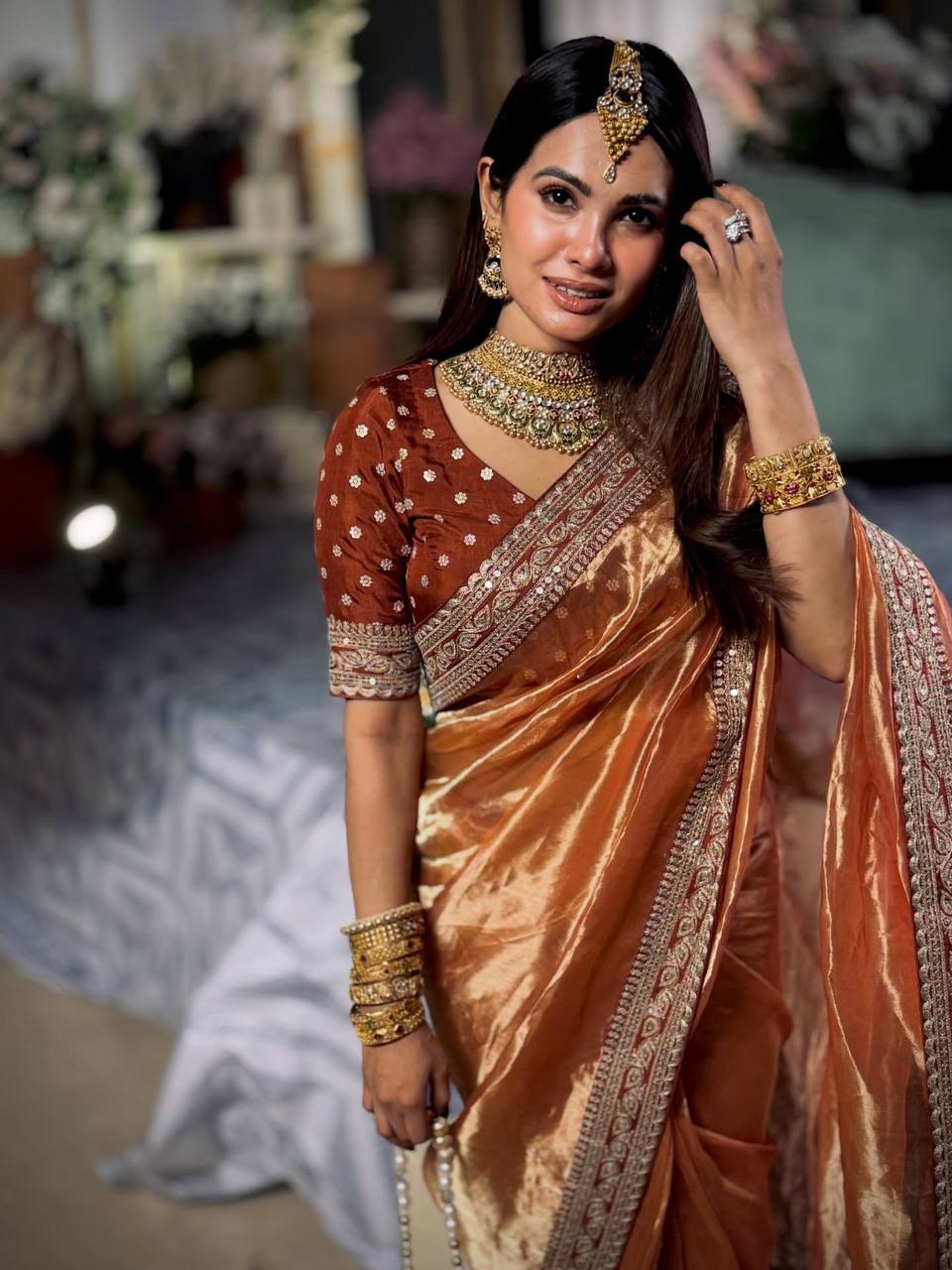 Luxury Copper Brown Organza Saree With Heavy Sequins Embroidered Border Designer Festive Saree