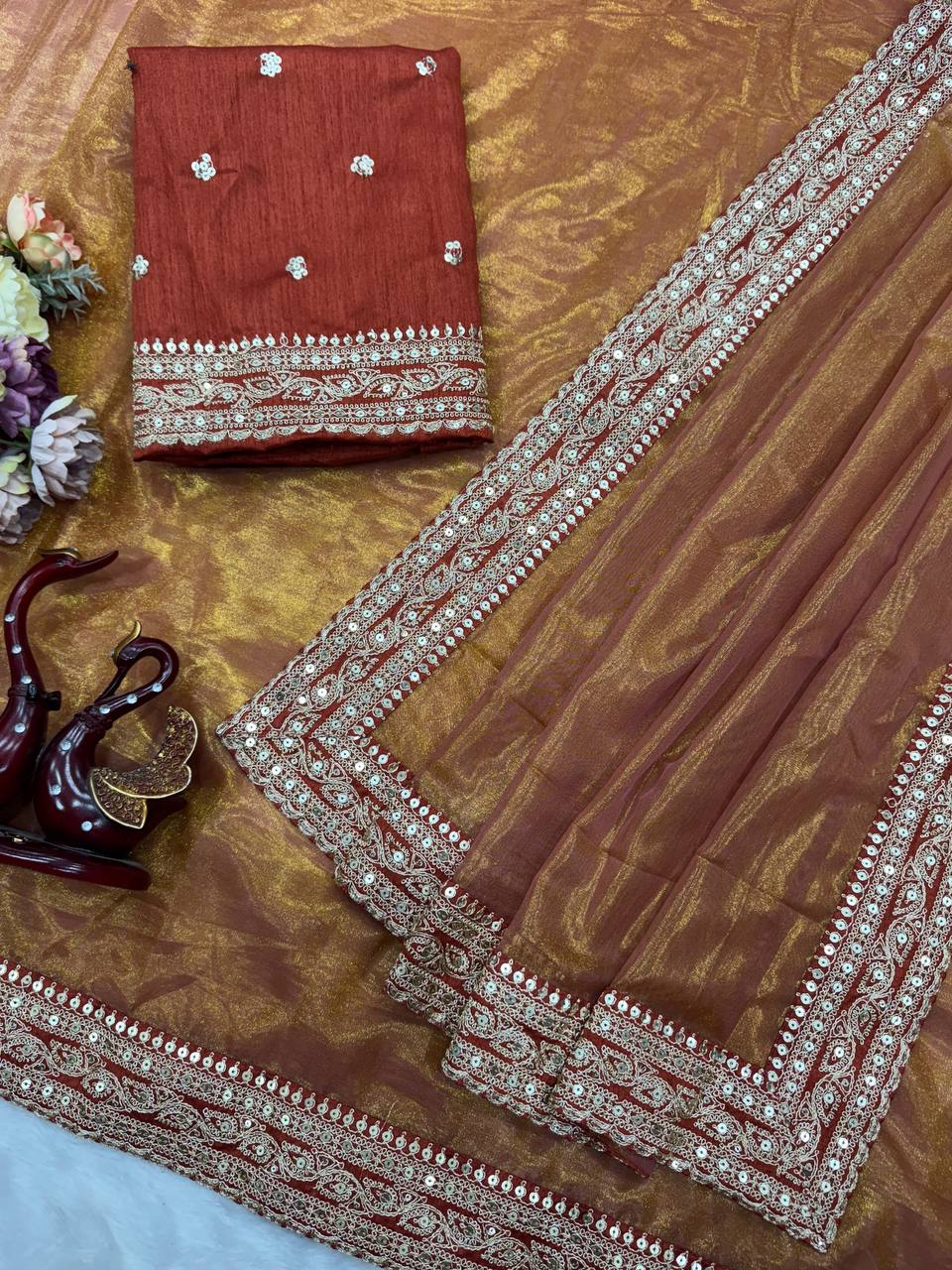 Luxury Copper Brown Organza Saree With Heavy Sequins Embroidered Border Designer Festive Saree