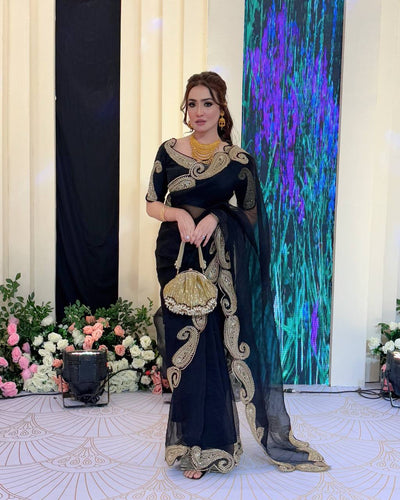 Luxury Black Organza Saree With Heavy Golden Embroidered Border Designer Partywear Saree