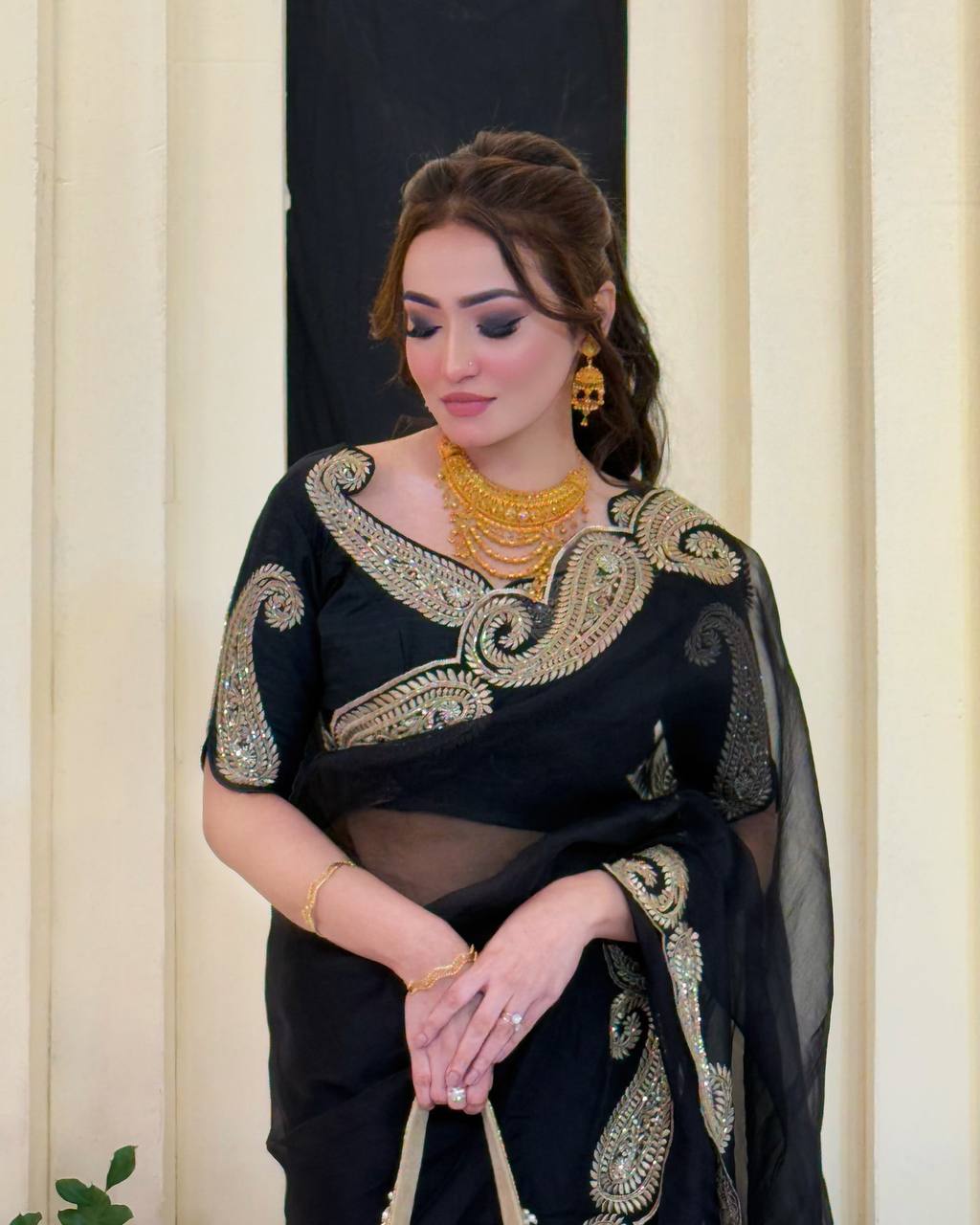 Luxury Black Organza Saree With Heavy Golden Embroidered Border Designer Partywear Saree