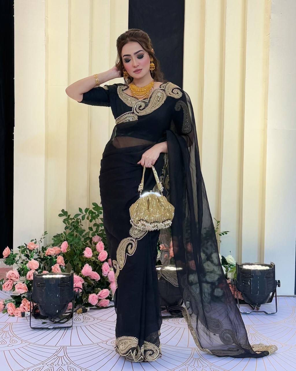 Luxury Black Organza Saree With Heavy Golden Embroidered Border Designer Partywear Saree