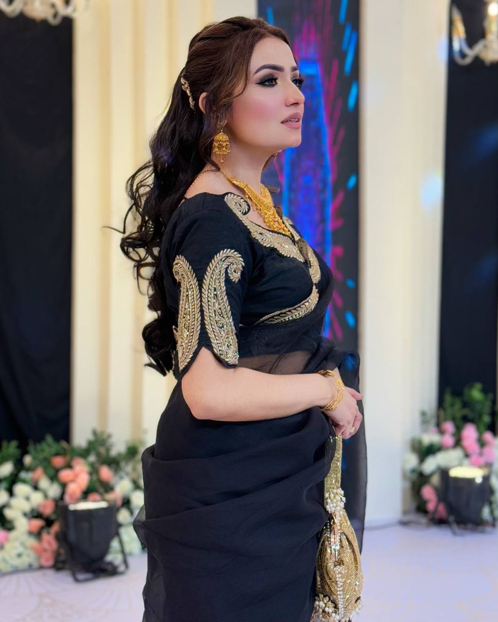 Luxury Black Organza Saree With Heavy Golden Embroidered Border Designer Partywear Saree