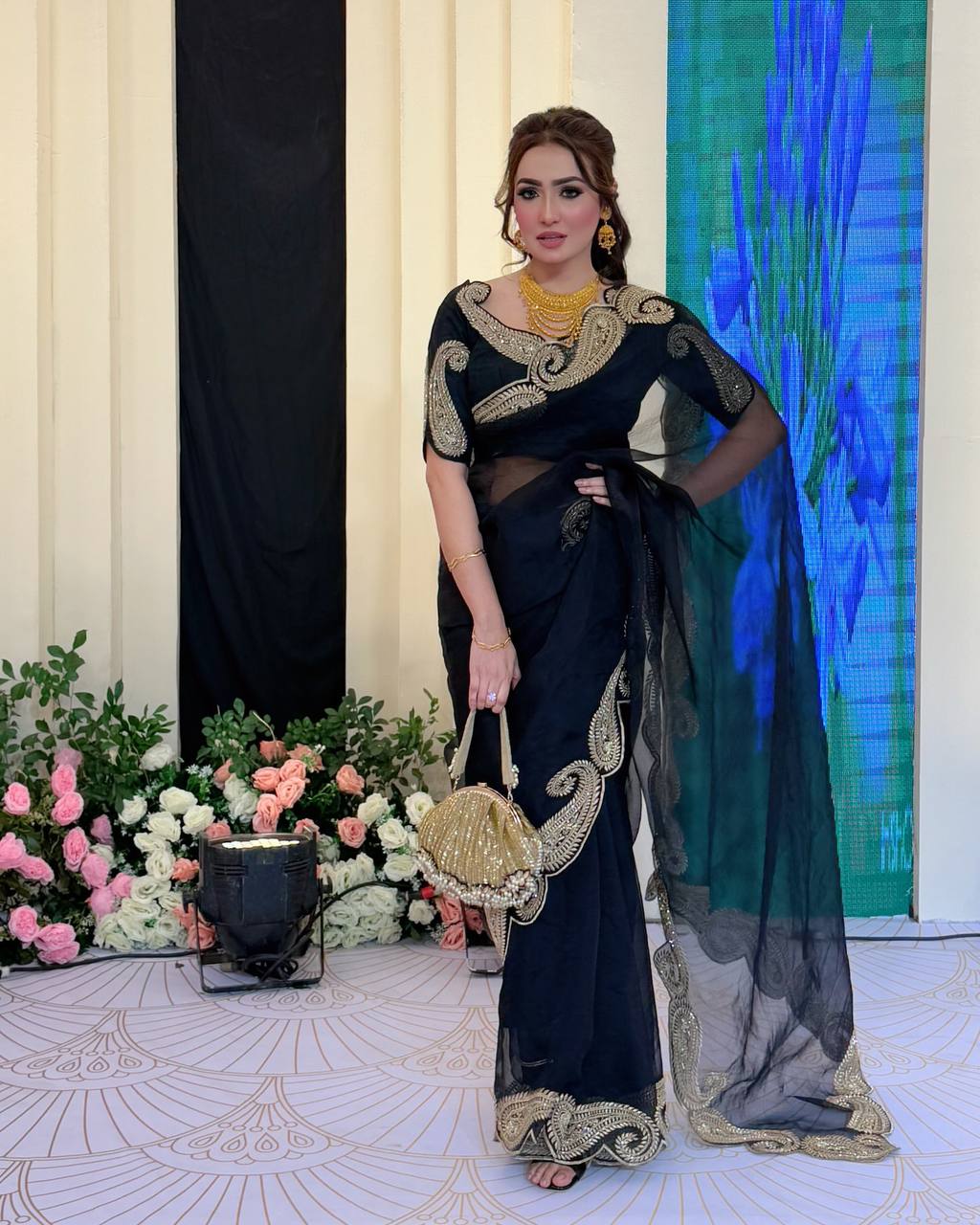 Luxury Black Organza Saree With Heavy Golden Embroidered Border Designer Partywear Saree
