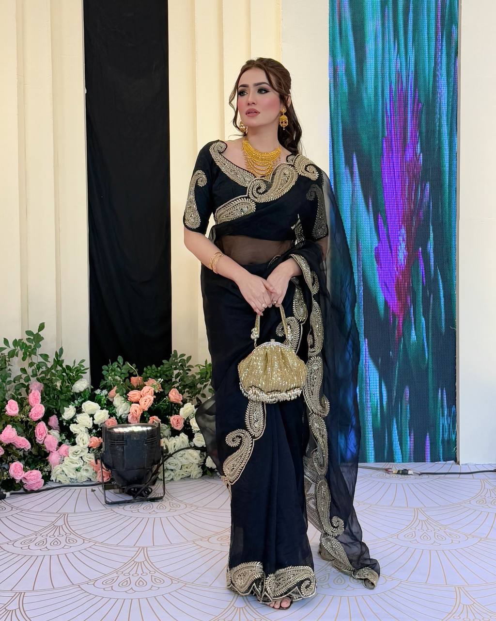 Luxury Black Organza Saree With Heavy Golden Embroidered Border Designer Partywear Saree
