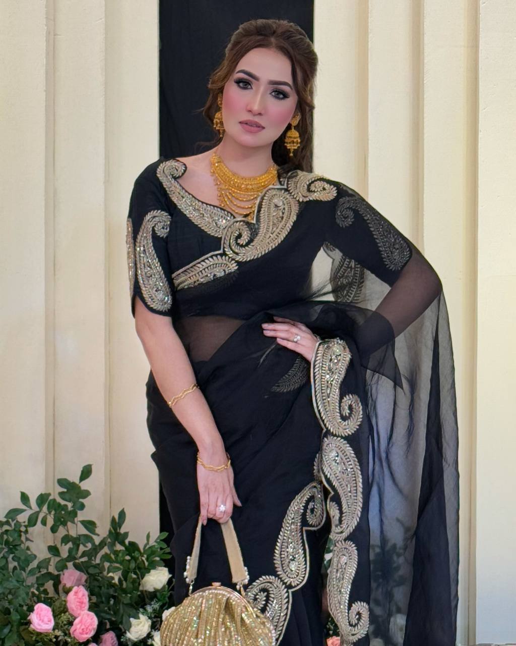 Luxury Black Organza Saree With Heavy Golden Embroidered Border Designer Partywear Saree