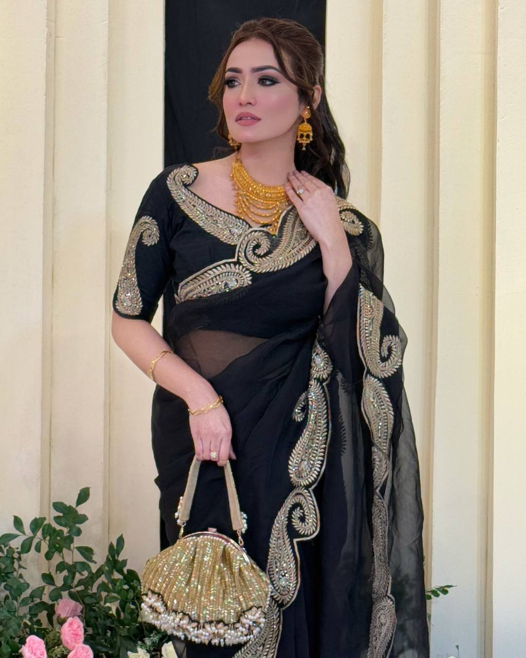 Luxury Black Organza Saree With Heavy Golden Embroidered Border Designer Partywear Saree