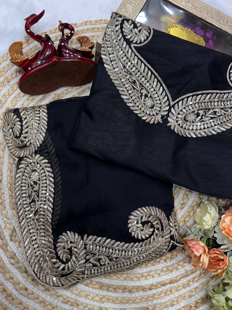 Luxury Black Organza Saree With Heavy Golden Embroidered Border Designer Partywear Saree
