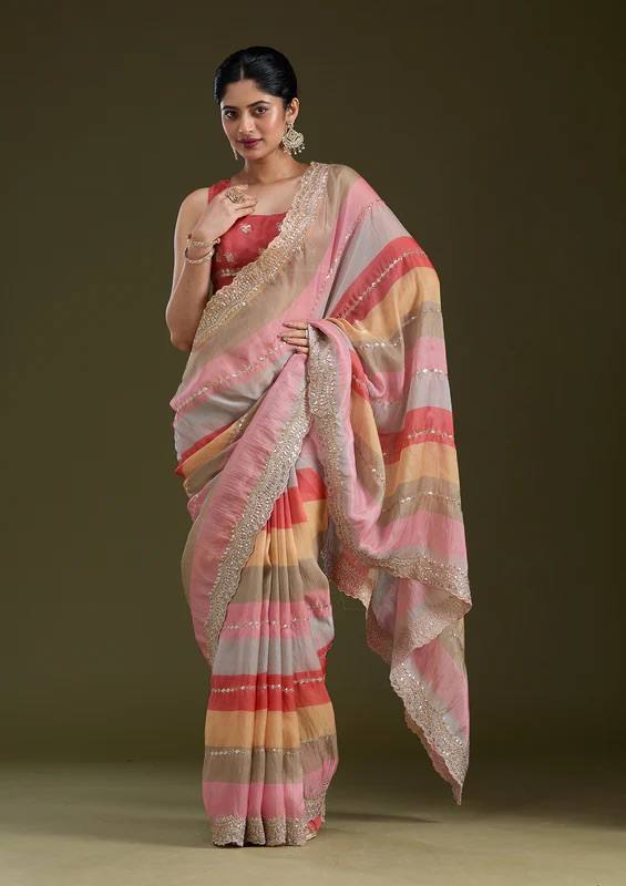 Luxury Multicolor Organza Saree With Heavy Golden Embroidered Border Designer Festive Saree