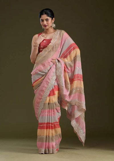 Luxury Multicolor Organza Saree With Heavy Golden Embroidered Border Designer Festive Saree