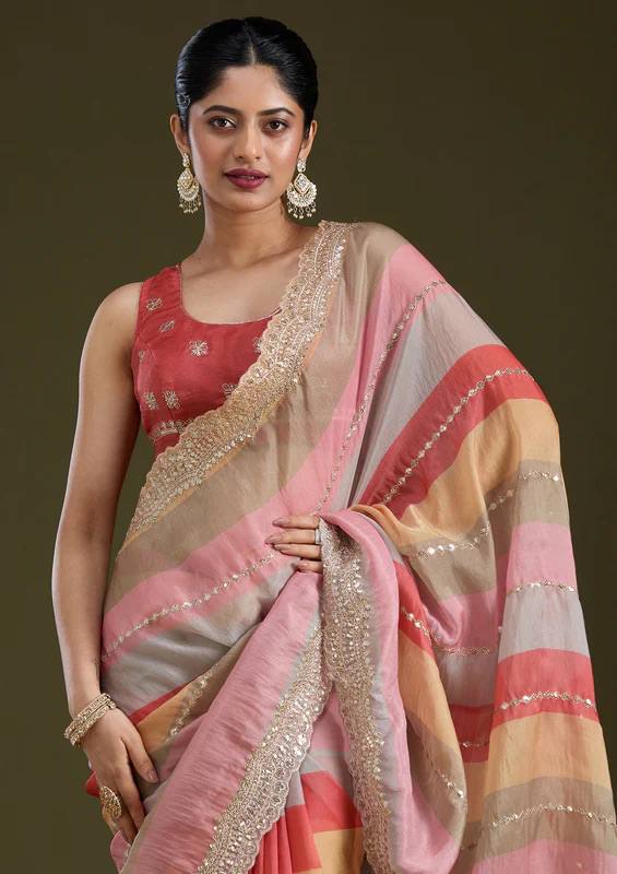 Luxury Multicolor Organza Saree With Heavy Golden Embroidered Border Designer Festive Saree