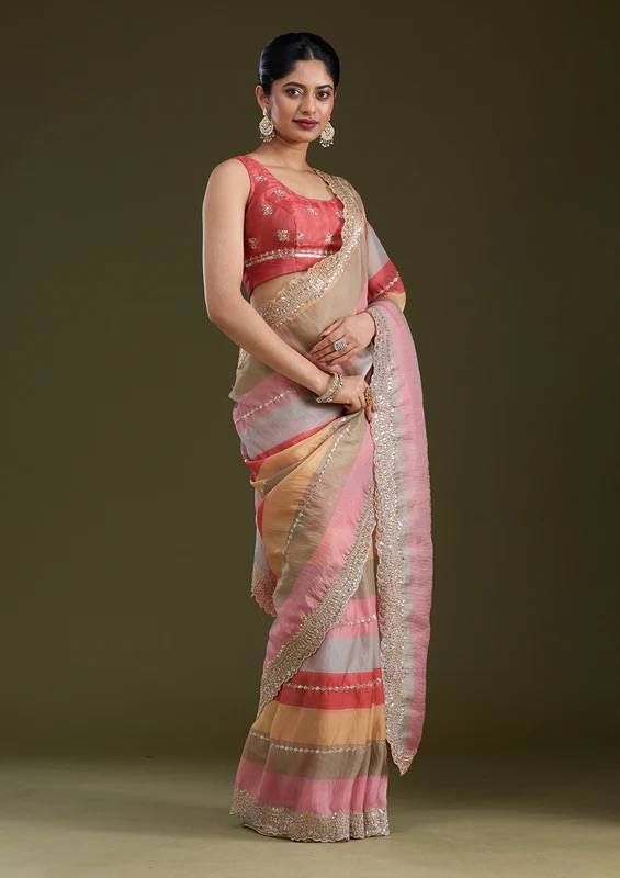 Luxury Multicolor Organza Saree With Heavy Golden Embroidered Border Designer Festive Saree