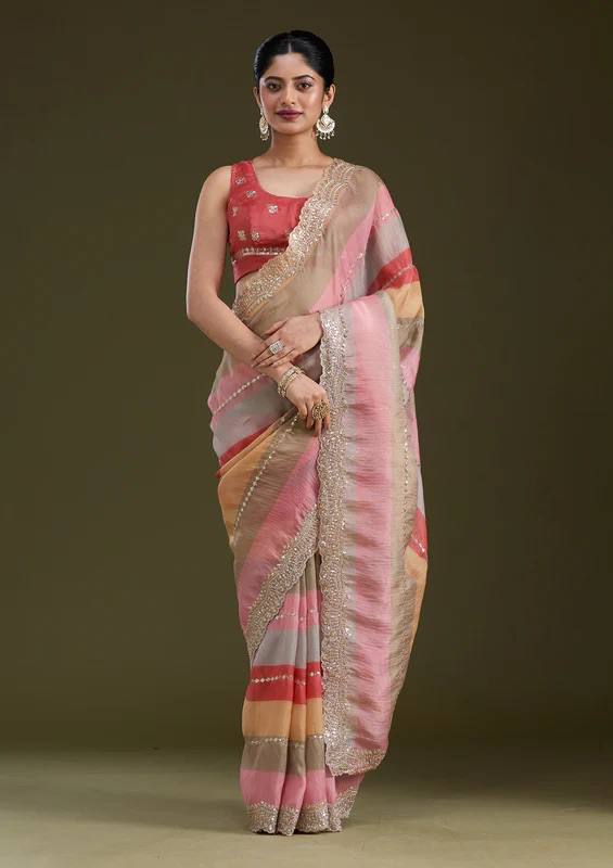 Luxury Multicolor Organza Saree With Heavy Golden Embroidered Border Designer Festive Saree