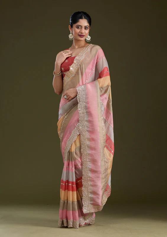 Luxury Multicolor Organza Saree With Heavy Golden Embroidered Border Designer Festive Saree