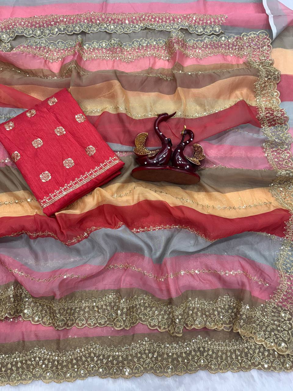 Luxury Multicolor Organza Saree With Heavy Golden Embroidered Border Designer Festive Saree