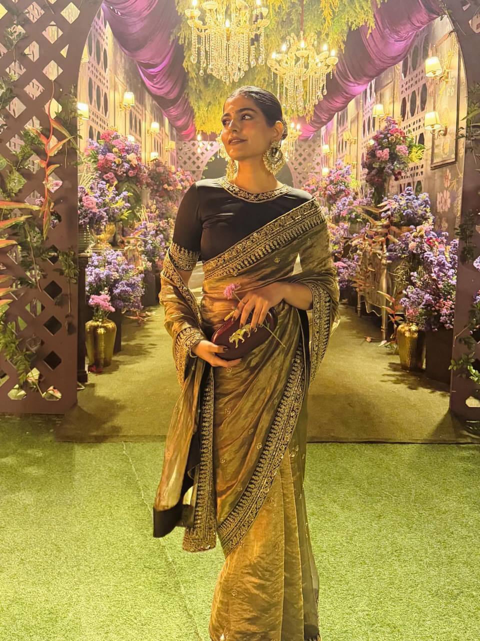 Luxury Gold Tissue Silk Saree With Black Embroidered Border Designer Wedding Saree